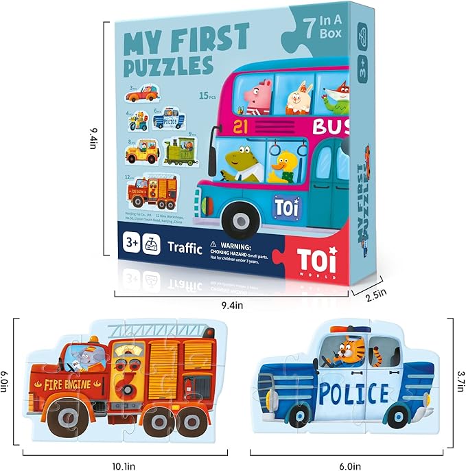 Toi 6 Packs Large Piece Toddler Jigsaw Puzzles for Kids Aged 2.5+, Animal Shaped Floor Puzzles for Beginner, Preschool Learning Game for Boys Girls, Traffic