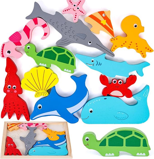 LovesTown Wooden Sea Animal Stacking Puzzles, Chunky Montessori Jigsaw Toys for Kids, Educational Preschool Learning Toys, Toddler Birthday Gifts, 12 PCS