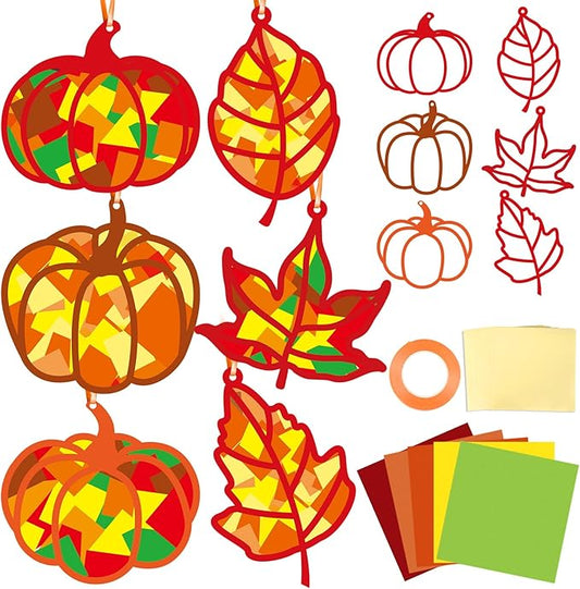 Qyeahkj 36 Set Fall Suncatchers Crafts for Kids DIY Autumn Window Tissue Paper Crafts Kit Maple Leaves Pumpkin Hanging Decor for Thanksgiving School Home Activity Art Project Birthday Party Favor Gift