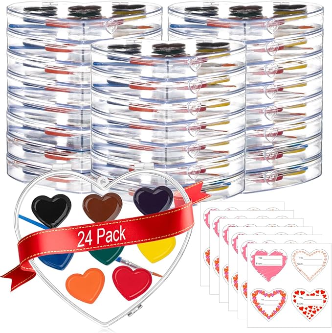 Valentines Day Gifts for Kids, 24 Pack 8 Colors Watercolor Paint Set with Paintbrush for Kids, Prizes Exchange Gifts Valentines Party Favors for Preschool Classroom School