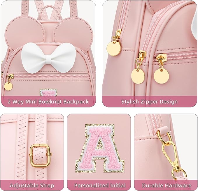 KKXIU Girls Initial Bowknot Cute Mini Backpack for Toddler, Travel Small Girl Backpacks, Personalized Trendy Stuff Gift for Little Girls and Kids(A, Pink)