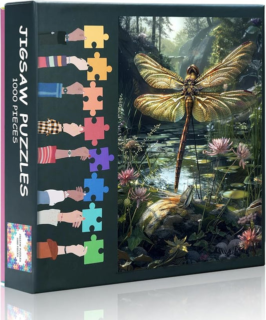 1000 Piece Jigsaw Puzzle for Adults - Serene Pond Scene with Dragonfly & Water Lilies, Premium 27.5x19.7 in Puzzle Board, Nature Art 1000-Piece Puzzle for Adults