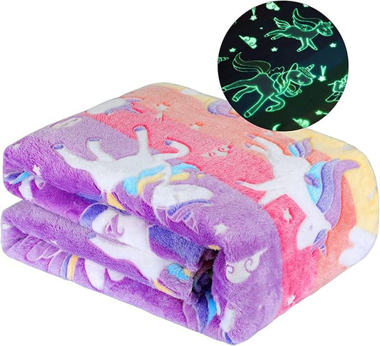 Glow in The Dark Blanket Unicorns Gifts for Girls Birthday Gift Halloween Super Cute Soft Cozy Rainbow Unicorn Star Flannel Luminous Magic Throw Thanksgiving Decor 50"x60"