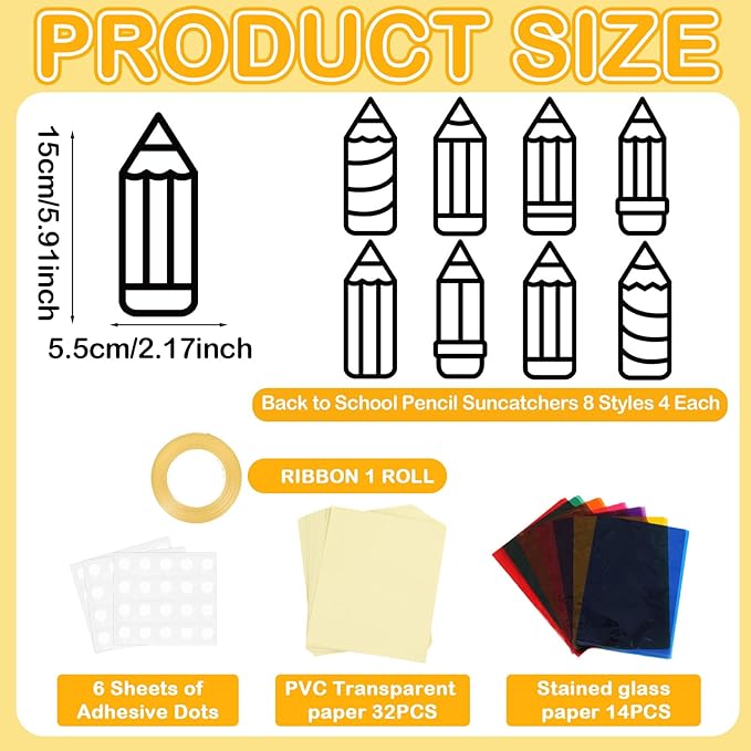 32 Sets Back to School Pencil Suncatchers Craft Kit DIY Window Stained Glass Effect Pencils Paper Crafts for Home School Classroom Decoration Kid Birthday Gifts Creative Art Projects Activity Game