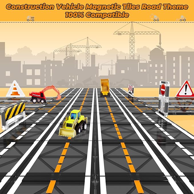 Magnetic Tiles, Magnetic Blocks Engineering Construction Vehicle Road Set, Toddler Toys for 3 4 5 Year Old Boys Girls Montessori Preschool Classroom Must Haves STEM Educational Kids Toys Birthday Gift