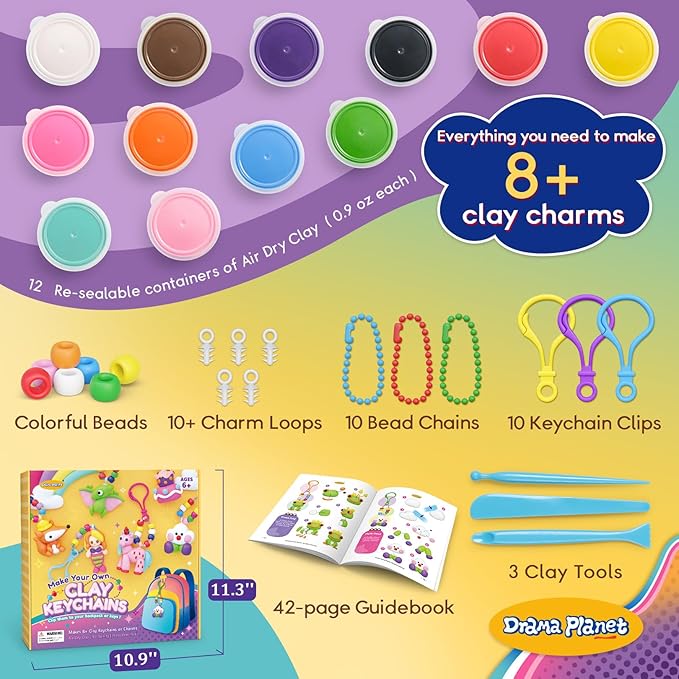 Drama Planet Make Your Own Clay Keychains – Air Dry Clay Craft Kit for Kids Ages 6 and Up, Create 8+ Charms and Bag Decorations, Great Gift for Girls and Boys