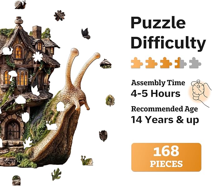 Jigfoxy Wooden Puzzles for Adults, The Snail's House Wood Puzzles Adult, Unique Animal Shape Wooden Jigsaw Puzzles for Adults, Birthday Gifts for Puzzle Lovers, Family, Friend (M-11.3 * 10.5in-168pcs)
