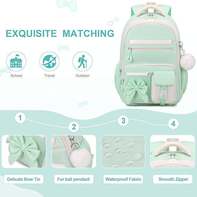 Backpack for Girls, 3PCS Girls Backpack for School with Lunch Bag Pencil Case, Cute Kids Teens Bookbag for Kindergarten Elementary Preschool Middle School (Green)