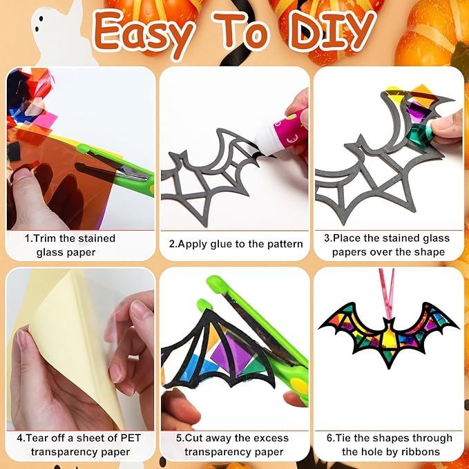 EggSun 36 Sets Hallween Bats Suncatchers Craft Kit for Kids Ornaments Stained Glass Effect Window Arts and Crafts Kit for Classroom Holiday Birthday Projects Home Party Favors Decorations Ages 4 8 12