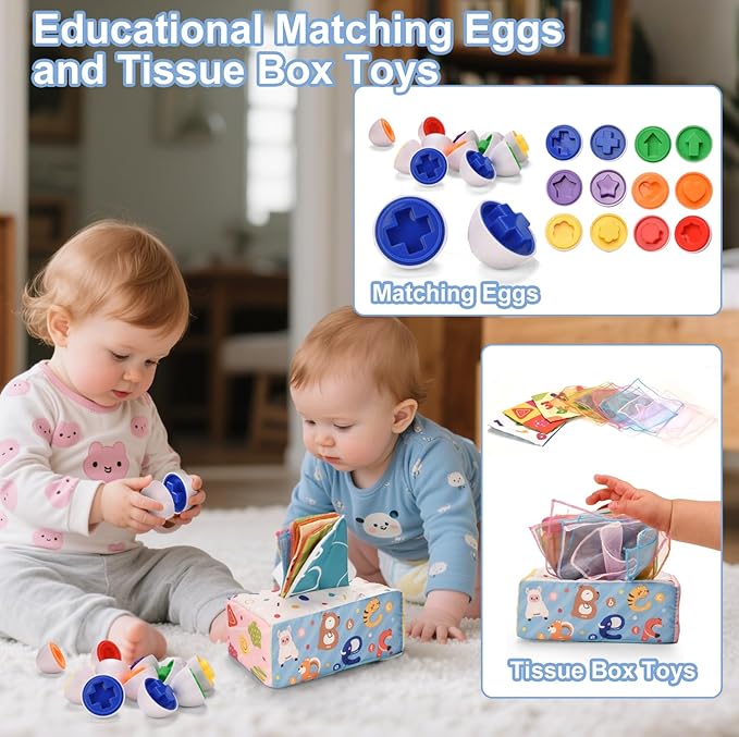Montessori Toys for 1 Year old,Baby Toys 6-12 Months,6-in-1 Sensory Toy for Babies 6 month old,Stacking Blocks Cups,Pull String,Matching Eggs,Sensory Tissue Box Toy for Toddlers 6-9-12 Months Gifts