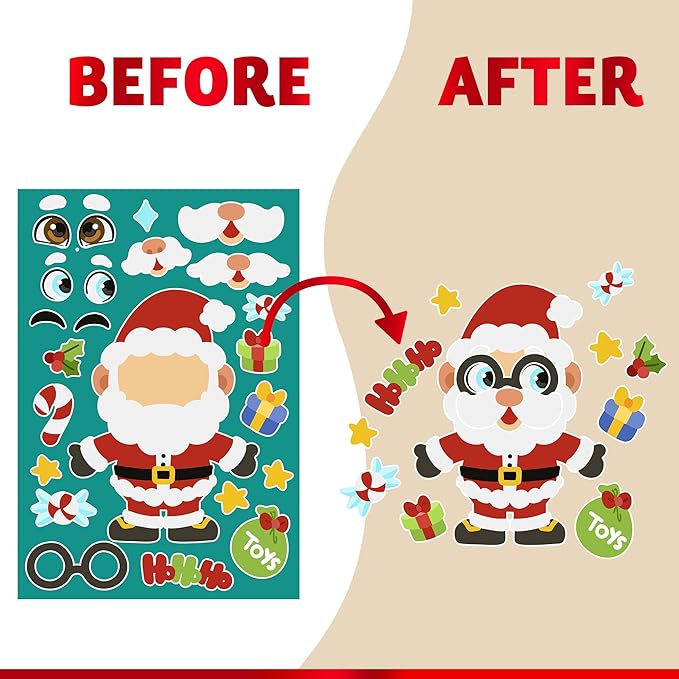 JOYIN 24 Pcs Christmas Make-a-face Stickers, Make Your Own Characters Mix and Match Sticker Sheets with Christmas Elf, Santa, Snowman, Tree, Xmas Party Games for Kids Party Favor Supplies Craft
