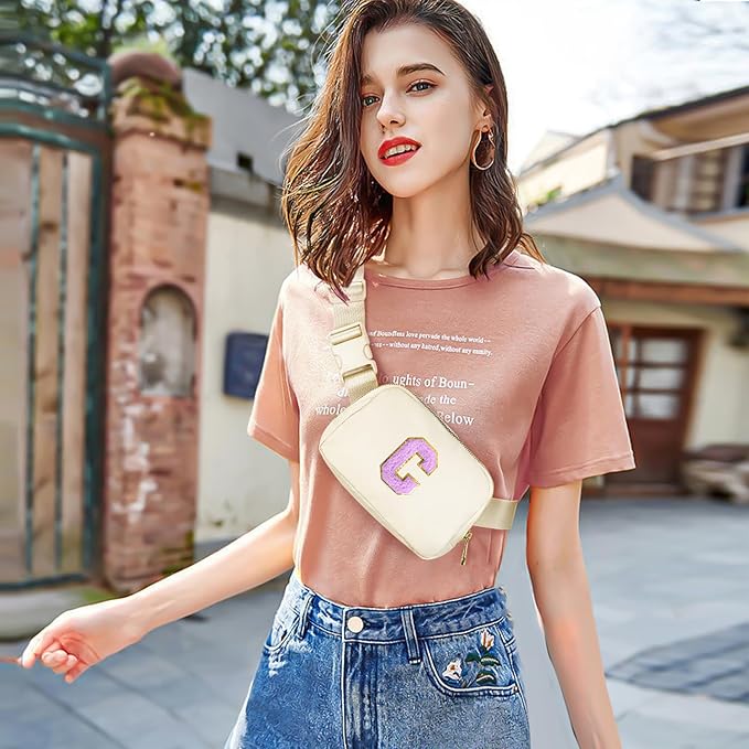 Gitus Gifts for 8 9 10 11 12 Year Old Girls Belt Bag Fanny Pack Crossbody Bags with Initial Letter Patch Cute Stuff Birthday Gifts for Teen Girls Women Personalized Trend Stuff (Ivory-C)