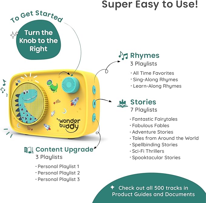 WonderBuddy Kids Story Box Audio Player, 500+ Preloaded Stories & Rhymes, Story Writing DIY Art Kit, Voice Recorder, Content Upgrade, Bluetooth, Birthday Gift for Boys Girls 3+ Years- Dino