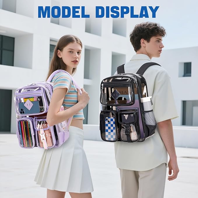 Clear Backpack for School,Heavy Duty PVC Transparent Bookbag for Girls Stadium Approved See Through Backpack