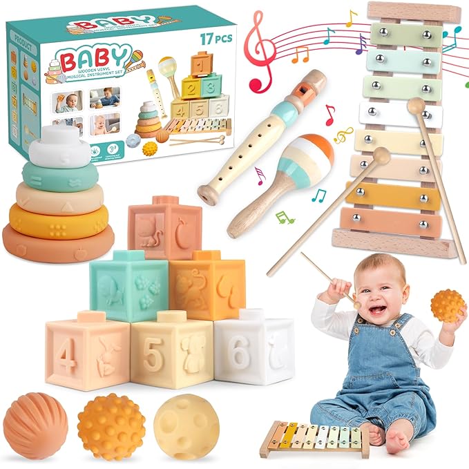 Montessori Toys for 6 Month Old 1+ Year Old 6 in 1 Musical Instruments for Toddler Stacking Blocks Rings Development Learning Educational Toy with Wooden Xylophone for 6 7 8 9 Months 1 Year Old Baby