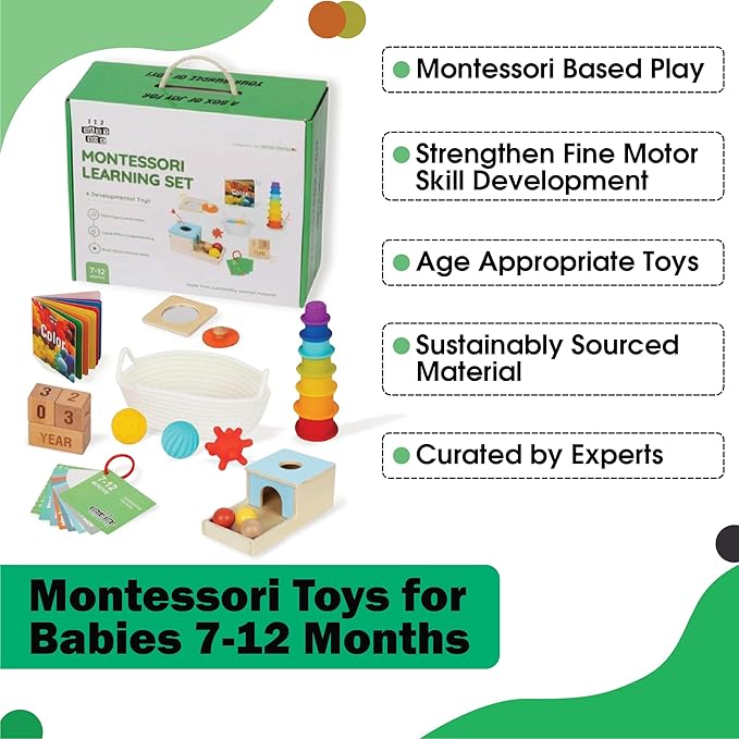 Montessori Toys for Babies 7-12 Months - 6-in-1 Baby Learning Set w/Object Permanence Box, Color Book, Milestone Blocks & More - Educational Toys for Fine Motor & Cognitive Development