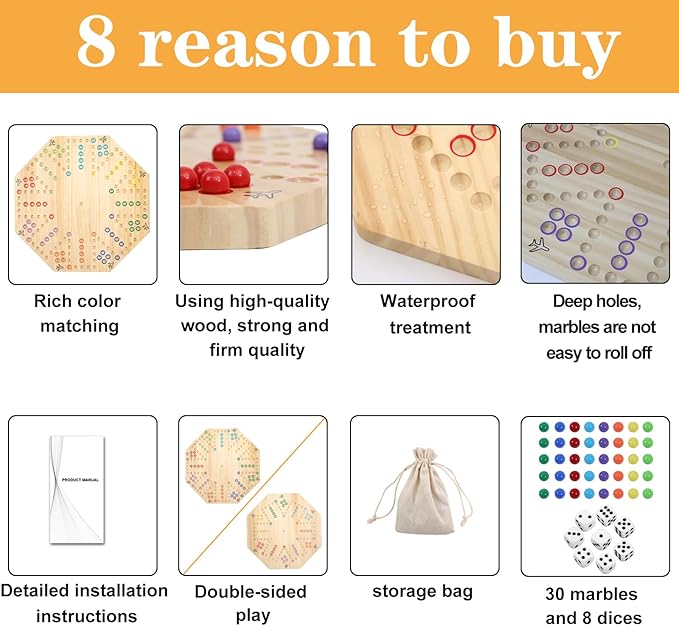 HOROW Wahoo Board Game Wooden Original Board Game Classic 2 Side Painted Fast Track Game for 6 Player and 8 Player with 32 Marbles,8 Dices for Family Game Night(8-Player,Log)