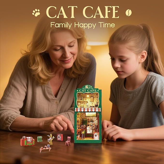 Book Nook Kit,DIY Miniature House Kit for Adults, Teens and Beginners, Dollhouse Booknook Cat Cafe Tiny House Bookshelf Decor 3D Wooden Puzzle, Gifts for Family, Friends