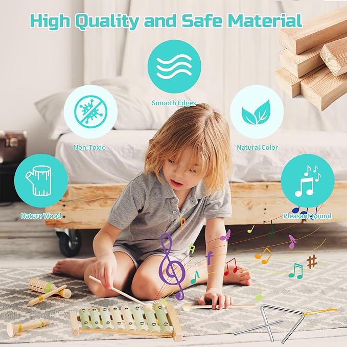 Baby Musical Instruments Set Montessori Wooden Toy for Toddlers 3 Percussion Music Xylophone for Kids Preschool Learning Resource Christmas Birthday Gifts for Boys Girls Aged 3 4 5 (Green)