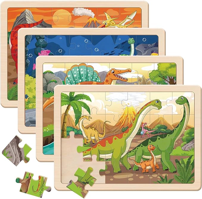 Puzzles for Kids Ages 4-6, Large Dinosaur Wooden Puzzles, 4 Packs 24 PCs Jigsaw Puzzles Preschool Educational Toys Gifts for 3 4 5 6 Year Old Boys Girls