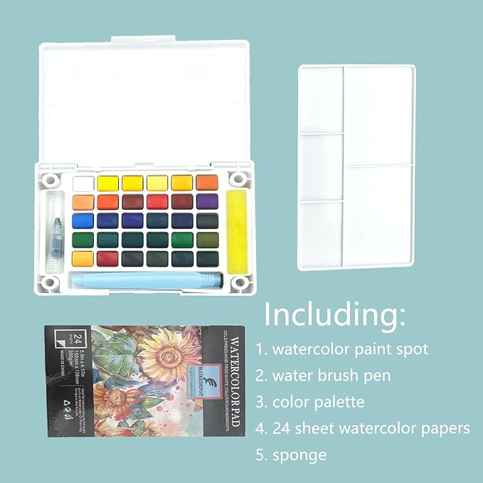 Graspable Watercolor Paint Set,Vivid Colors Painting Set Travel Paint Set Watercolor Sketching Kit with Water Pen,24 Sheets Watercolor Papers,3 Tutorial Video-24Colors