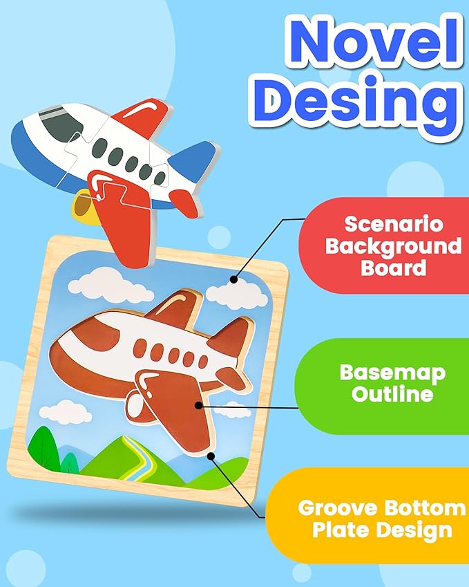 Benresive Wooden Toddler Puzzles, Montessori Toys for 1 2 3 Year Old Boys, Toys for 1 2 3 Year Old Boy Birthday Gifts, 12 Pack Vehicle Toddler Learning Educational Puzzles