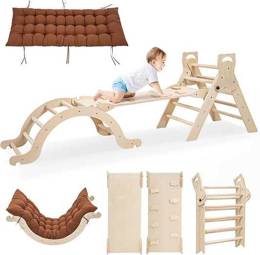 Large Foldable Toddler Climbing Toys Indoor Jungle Gym, Pikler Triangle Set with Cushion, S-lide and Arch, 7-in-1 Montessori Climbing Set(1.5-5yrs)