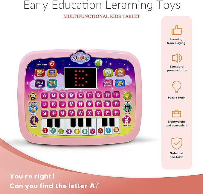 Kid Tablet Toddler Learning Pad Interactive Toy with Screen -Educational Toys Fun Gifts -Music/Piano/ABC/Numbers/Words/Spell/Animals - for Boys&Girls 3+ (Pink)……