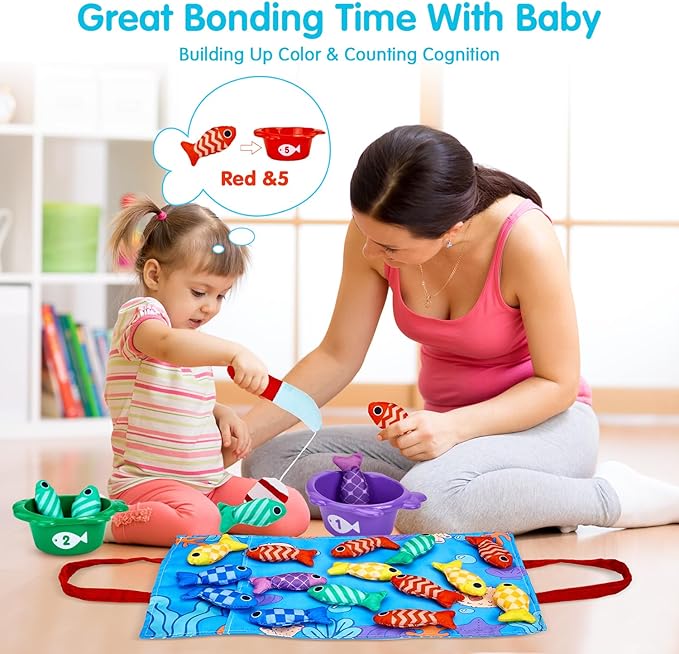 Toddler Toys Montessori Toys for 1 Year Old Boy Girl Birthday Gift- Cloth Fishing Game for Toddler 1-3 with Stacking Cups- Number Counting, Color Sorting, Shape Learning