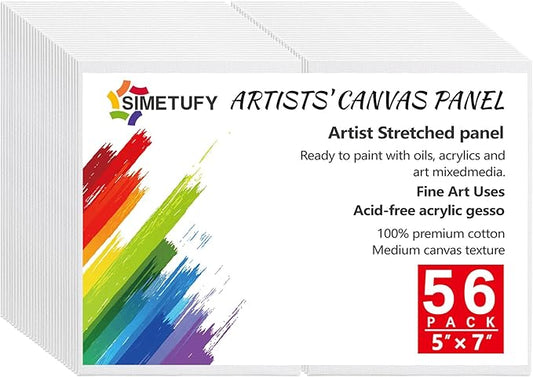 Simetufy 56 Pack Canvas Boards for Painting 5 x 7 inch Bulk, Blank Canvas Panels, Pre-Primed Acid-Free 100% Cotton for Acrylics Oil Watercolor Paints