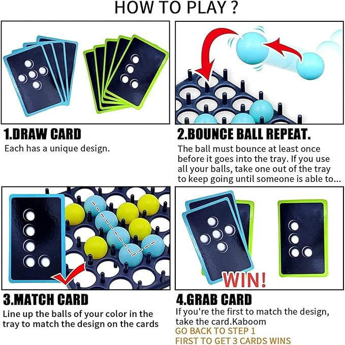 Bounce Ball Parent Child Interactive Party Table Games with 9 Cards with Different Patterns,16 Balls and 1 Game Grid,Kid,Teens and Adults Family Party Game,2-4 Palyers Game