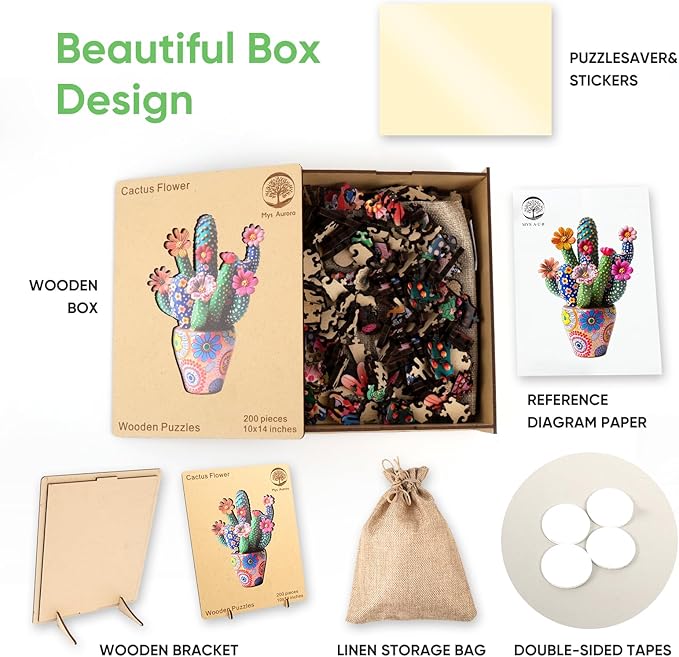 Mys Aurora Puzzles for Adults Cactus Flower Wooden Puzzles, 200 Pieces Unique Shaped Jigsaw Puzzles, Birthday for Adults and Kids, Fun Challenge Family Game 10'' x 14'' Medium Size