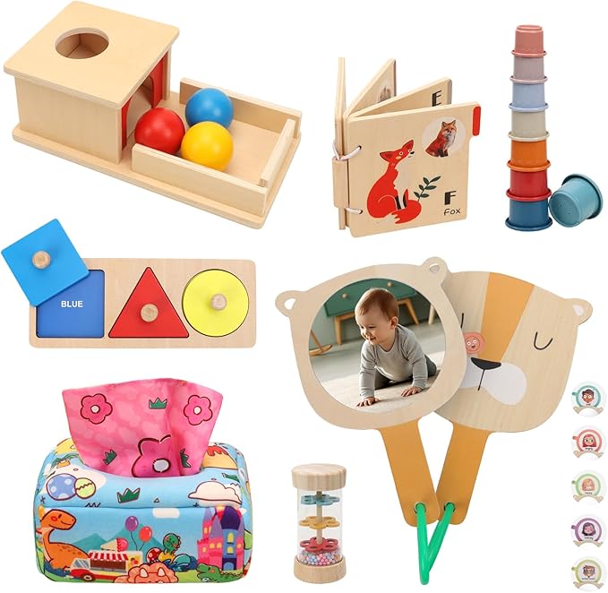 Montessori Toys for Babies 6-12 Months, 7 in 1 Wooden Educational Development Toys Sensory Learning Gift for Toddlers with Object Permanence Box, Emotion Learning Mirror, Tissue Box,Rainmaker and More