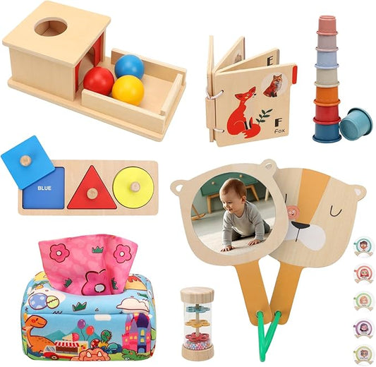 Montessori Toys for Babies 6-12 Months, 7 in 1 Wooden Educational Development Toys Sensory Learning Gift for Toddlers with Object Permanence Box, Emotion Learning Mirror, Tissue Box,Rainmaker and More