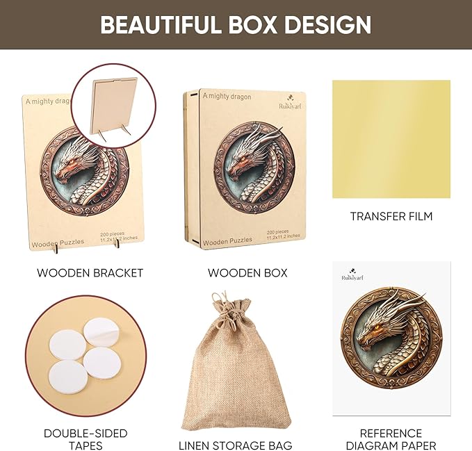 Wood Puzzles Adult, 200 Pieces Dragon Wooden Puzzles,Extra Thick 5MM,Unique Shaped Jigsaw Puzzles for Adults and Kids,Best Birthday Gift and Family Game,11.2"*11.2"