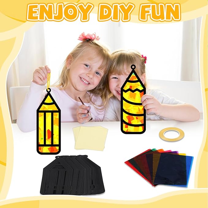 32 Sets Back to School Pencil Suncatchers Craft Kit DIY Window Stained Glass Effect Pencils Paper Crafts for Home School Classroom Decoration Kid Birthday Gifts Creative Art Projects Activity Game