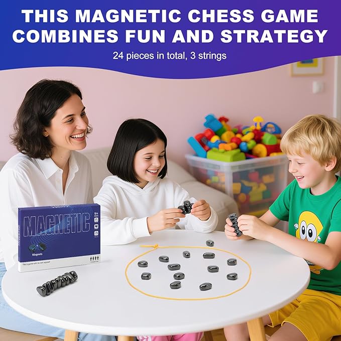 Magnet Game with 3 String, 24 Travel-Stones Magnetic Chess Game for Family & Party & Travel & Camping - Puzzle Strategy Games, Player Games for Kids & Adults (Age 9+)