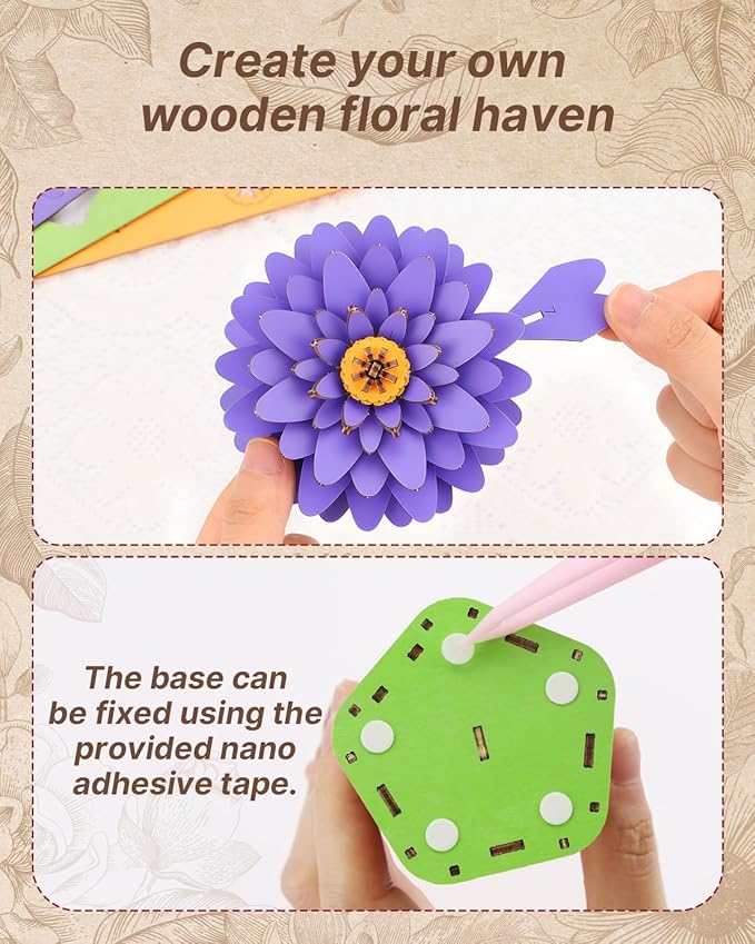 Welsky 3D Dahlia Wooden Puzzles for Adults, DIY Wooden Flower Craft Kit, Artificial Flowers Model Kit to Assemble for Adults.(6.14 * 3.9 * 8.86in 117PCS)