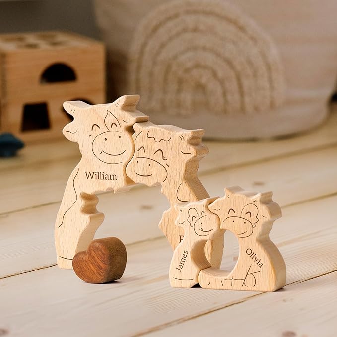 Wooden Cows Family Puzzle, Personalized Puzzles with 2–5 Names, Fathers Day Birthday Personalized Gifts for Mom Dad Kids Teen Boys Girls Grandma, Toddler Men Thanksgiving Gifts