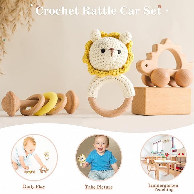 Wooden Baby Rattle 3 PCS Push Car Rattle Set Crochet Rattle Ring Wooden Montessori Toy for Newborn Infant Baby Gifts (Lion Rattle)
