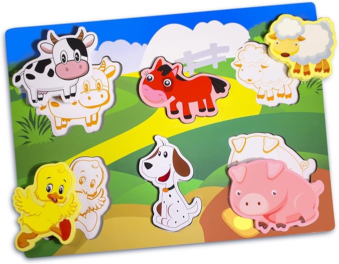 Wooden Peg Puzzle for Toddlers 1-3 Year Old,Funsland Puzzles Gifts Colorful Toys Cartoon Gifts,Farm Animals Puzzles