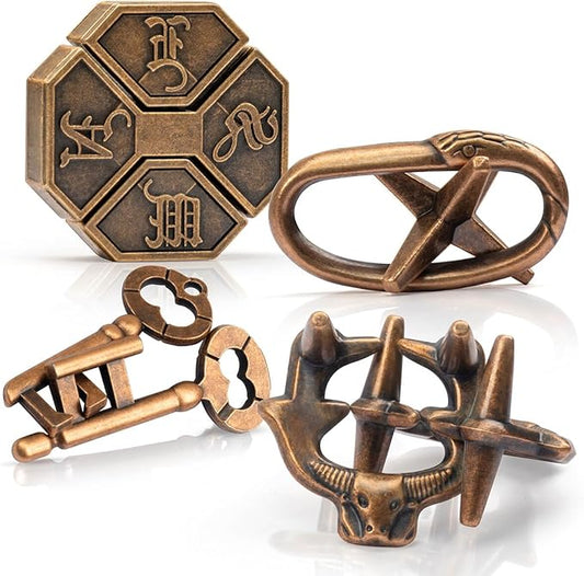 Fun Metal Brain Teaser Puzzle Games - 4 Pcs Adults Mind Travel 3D Toys -Teens IQ Insight Challenge - Logic Educational Gift（with Storage Case and Instructions）