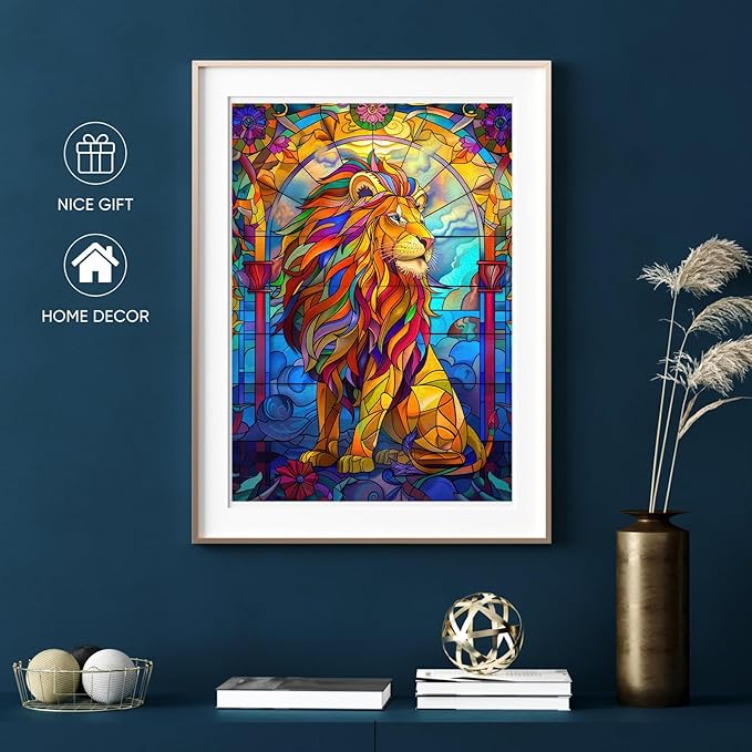 Ruikiyart Wooden Puzzles for Adults Stained Glass Lion Jigsaw Puzzles 500Pcs Unique Animal Shapes Puzzle Games Fabulous Gift for Kids and Adults on Birthday,Thanksgiving,Christmas 12.2x17.3 Inches