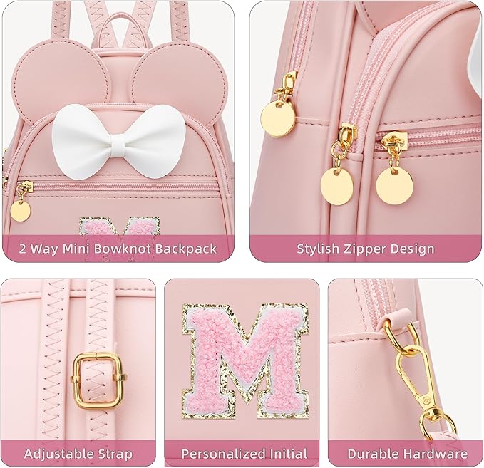 KKXIU Girls Initial Bowknot Cute Mini Backpack for Toddler, Travel Small Girl Backpacks, Personalized Trendy Stuff Gift for Little Girls and Kids(M, Pink)