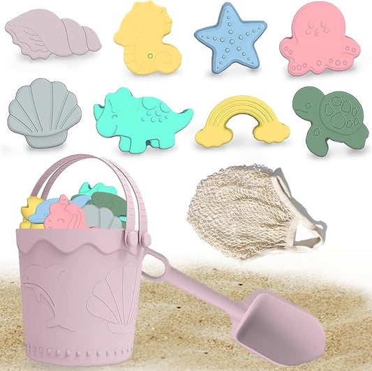 11Pcs Baby Beach Toys, Silicone Beach Toys, Baby Beach Essentials, Travel Friendly Beach Set, 1 Bucket, 1 Shovel, 8 Sand Molds, Beach Bag, Sand Toys for Toddlers 1-3 (Pink)