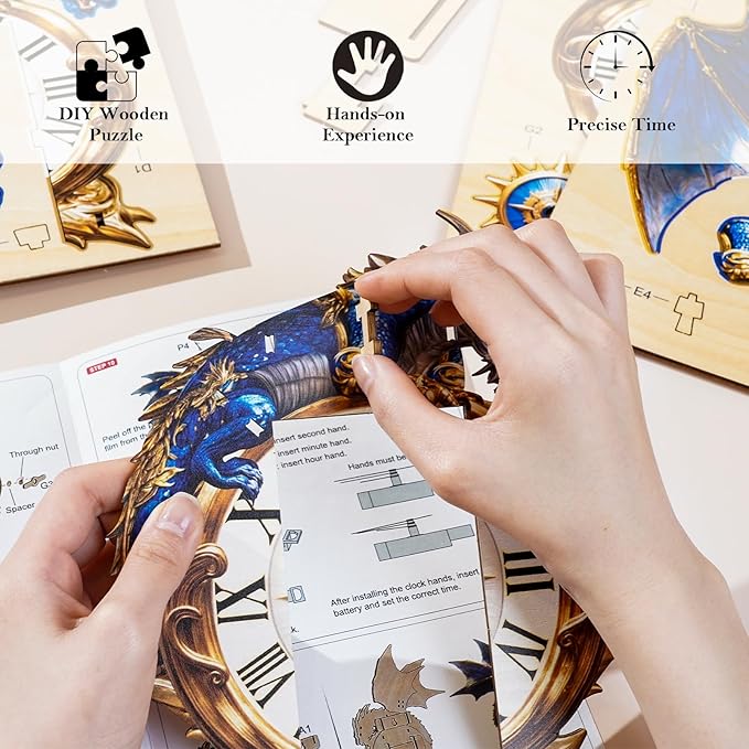 3D Wooden Puzzles for Adults Blue Dragon Clock - Model Building Kit Clock Puzzle Creative Craft Gift Home Deco for DIY Enthusiasts, Brain Teaser Building Set Birthday Gifts