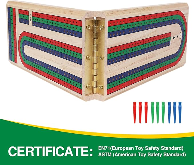 GOTHINK Folding Cribbage Board Game Set, Classic Wooden Cribbage Boards Game for Family Fun, 9 Multi-Colored Pegs, 3 Tracks, Red Green Blue Pegs for 2-3 Players