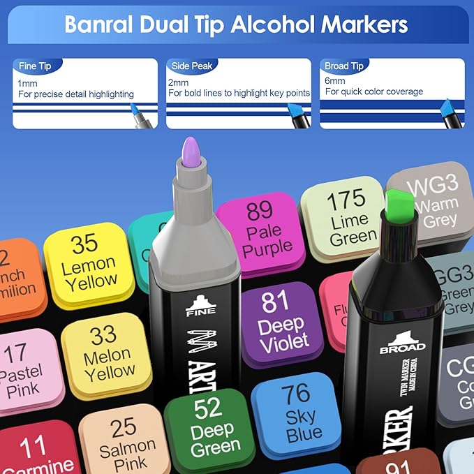 Banral 24 Colors Alcohol Markers Set, Dual Tip Alcohol Based Art Marker for Artists Kids Adult Coloring, Permanent Illustration Sketch Pens for Drawing