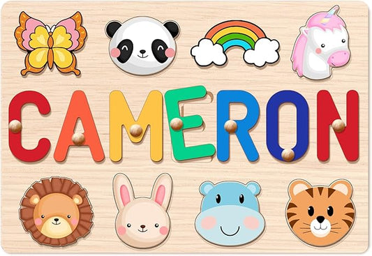 Personalized Name Puzzle for Kids, Personalized Baby Gifts Name Puzzles for Toddlers 1-3 with Pegs Engraved Text Greetings on Back, 1st Birthday Christmas Easter Gifts for Boys&Girls, Montessor Toys