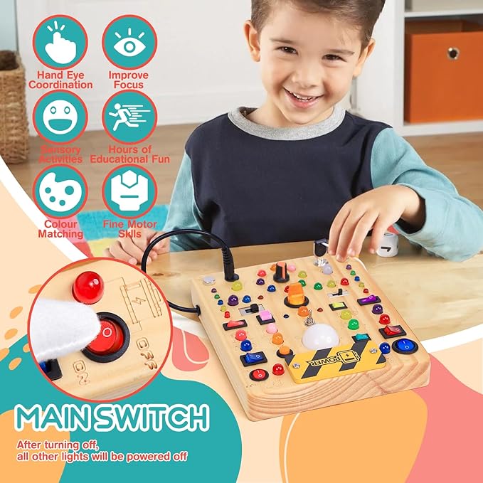 RichBoy Busy Board for 1-3 Year Old, 59 in 1 LED Light Up Wooden Sensory Montessori Switch Board Toy for Toddlers Travel Gift (7.8" x 6.5")